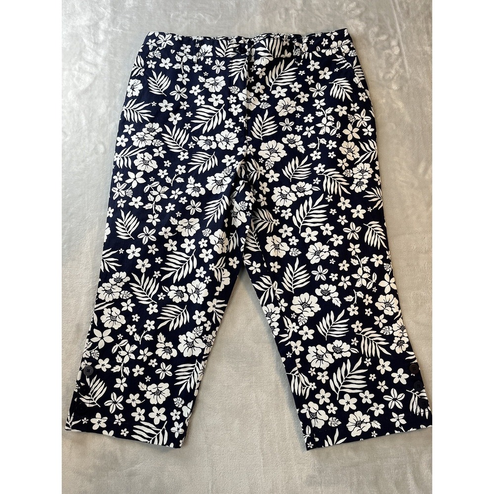 APPLESEED'S Pants Women Size 14 Petite Navy Floral Pull On Pocket Crop Capri